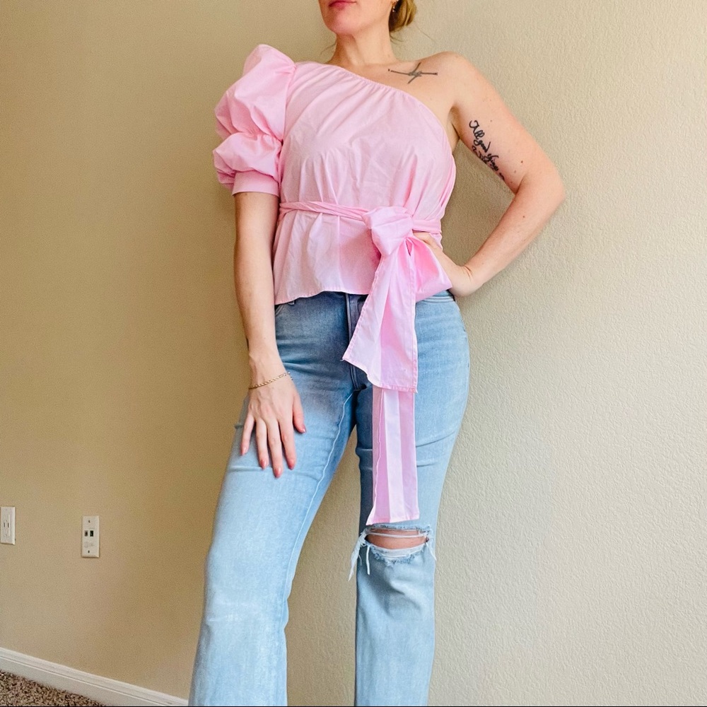 Pink puff sleeve one shoulder top
